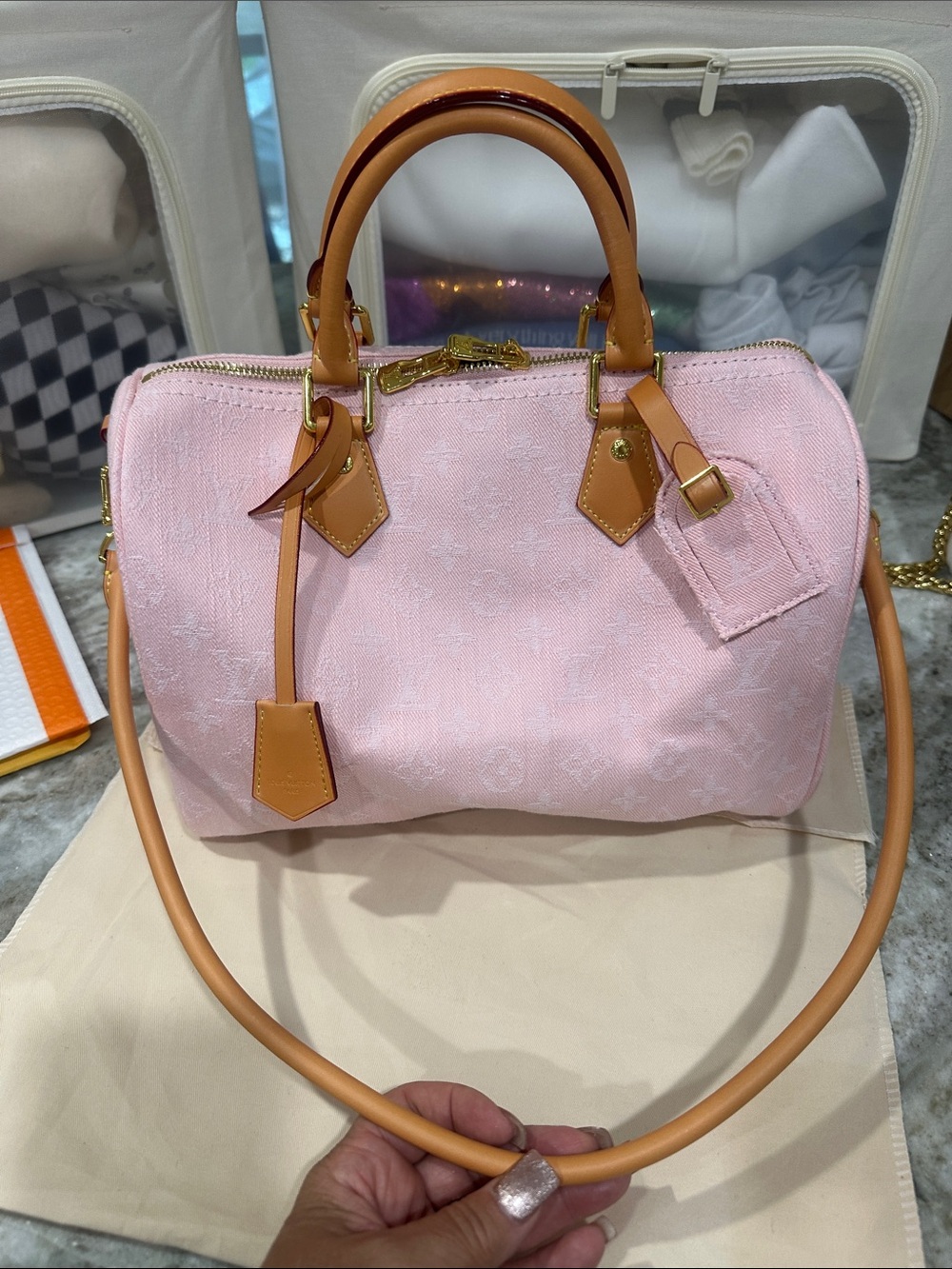 Pink Denim Satchel Handbag with Tan Trim. Nice condition - Picture 9 of 12